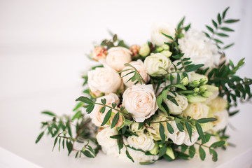 White roses, elegant bouquet tied. space for text