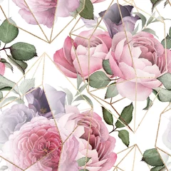 Foto op Plexiglas Rozen Naadloze bloemmotief met bloemen op lichte achtergrond, aquarel. Sjabloonontwerp voor textiel, interieur, kleding, behang. De geometrie van het kristal. Gouden textuur