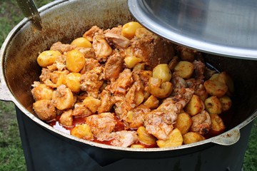 Large cauldron with delicious goulash cooked on a picnic in the forest