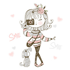 Cute fashionable girl with a camera with her pet dog. Vector.