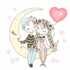 A boy and a girl in love are sitting on the moon with a balloon in the form of a heart. Valentine. Vector.