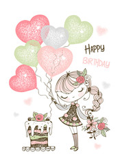 Birthday card with cute girl with cake and balloons. Vector.