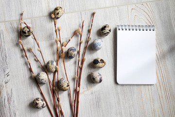 quail eggs with willow on the table. Easter decoration of kitchen