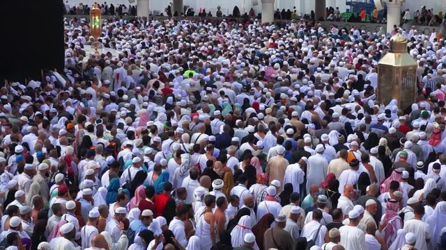 Static top view of Muslim pilgrims circumambulate (or tawaf) the Kaabah 7 rounds counter clock wise in Makkah, Saudi Arabia.