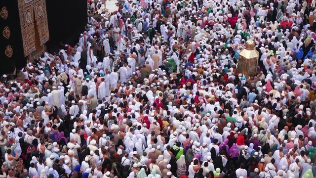 Static top view of Muslim pilgrims circumambulate (or tawaf) the Kaabah 7 rounds counter clock wise in Makkah, Saudi Arabia.