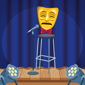 tragedy theater mask microphone stool lights stand up comedy show