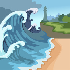 Cartoon Color Tsunami Waves Scene Concept. Vector