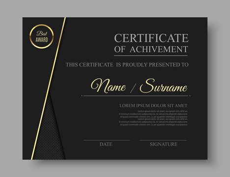 Black luxury certificate template with golden award badge and dop pattern. Vector, eps10