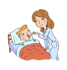 Doctor examines sick boy lying in bed