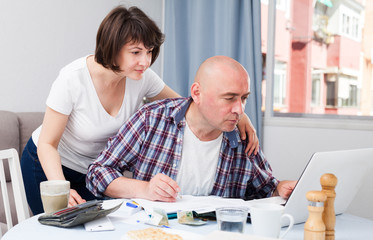 Mature couple  with  financial documents in home interior