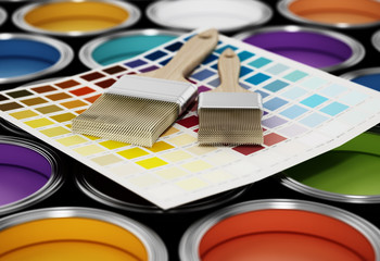 Paint cans, roller and color guide. 3D illustration