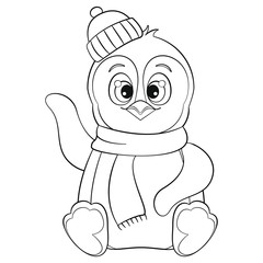 Cute penguin; coloring page; black and white vector illustration for antistress coloring books.