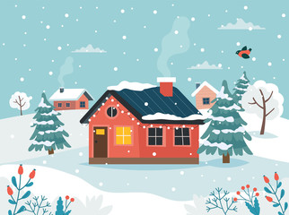 Winter house with landscape. Cute vector illustration in flat style