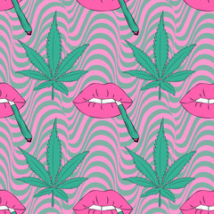 Vector pattern with cannabis and lips