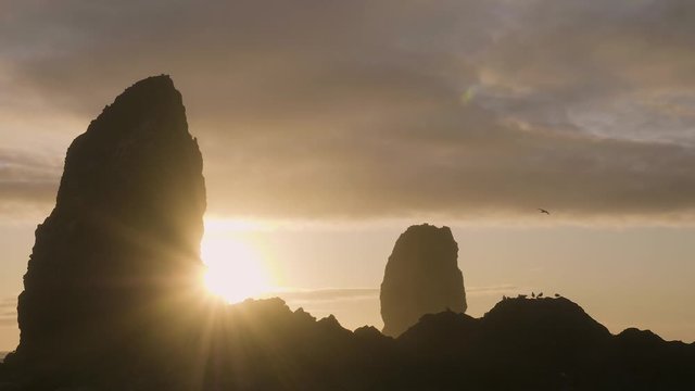 Sunset sun flare sky landscape at haystack rock cannon beach bird flying left to right oregon slow motion