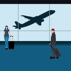 Man with woman tourists travelers with a suitcase at the airport waiting for the plane. Cartoon flat design, vector illustration