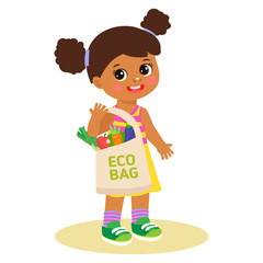 Funny afro american little girl with reusable cotton bag vector illustration. Eco friendly lifestyle concept. Eco-friendly character. Save the planet. Vector template, flat design, zero waste.