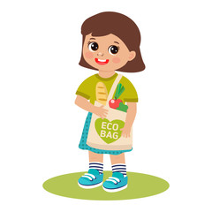 Funny little girl with reusable cotton bag vector illustration. Eco friendly lifestyle concept. Eco-friendly character. Save the planet. Vector template, flat design, zero waste.