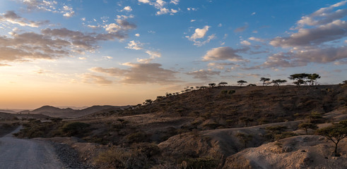 Fototapeta na wymiar Sunset between Gheralta and Lalibela in Tigray, Northern Ethiopia, Africa