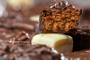 Appetizing food background. Assortment of chocolate handmade close up. Chocolate background. 