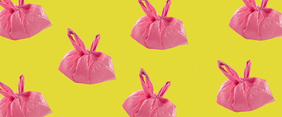 Colorful plastic bag background, Ecology Concept.Flat lay.Top view.Banner, Tie up the plastic bag