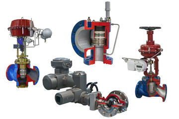 four modern shut-off valves with automatic control for gas pipeline isolated on a white background....
