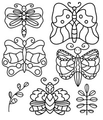 Black and white vector illustration for coloring book. Whimsical butterfly.