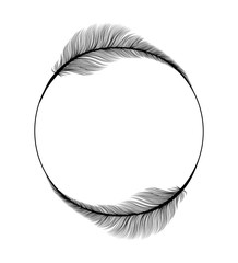 Feathers frame circle ring, Wedding and Save the Date invitation card design template on vector white background. Black fluffy feather quills in circle frame, modern trend wedding party decoration © ilonitta