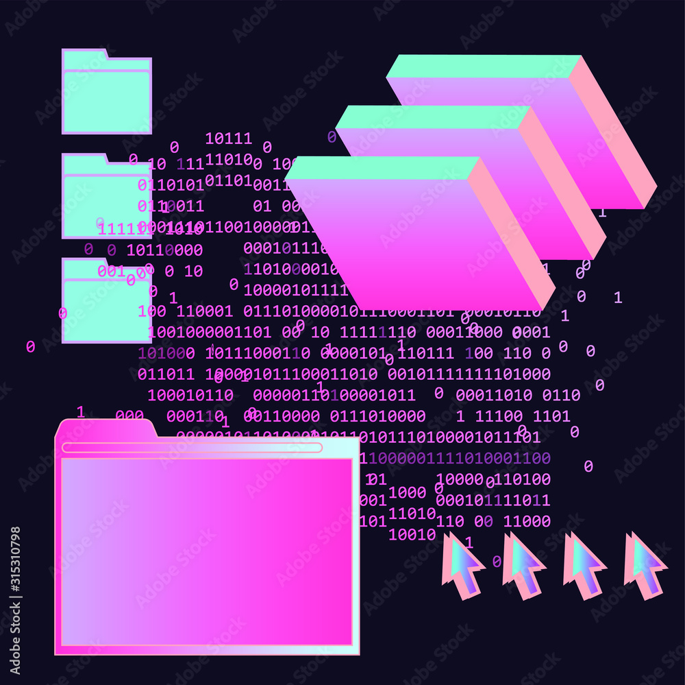 Poster Abstract technology background with user interface elements: browser window and folders. Retrofuturistic vaporwave style illustration in vibrant neon colors.