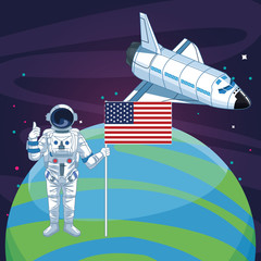 astronaut with american flag planet rocketship space exploration