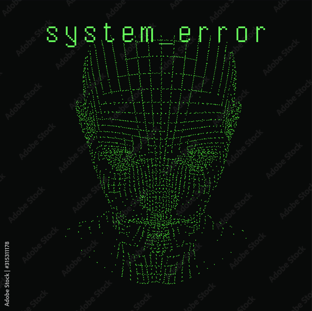 Poster 3D model of human head made of particles and dots. Cyberpunk retrofuturistic style illustration for Artificial Intelligence and Virtual Reality subject.