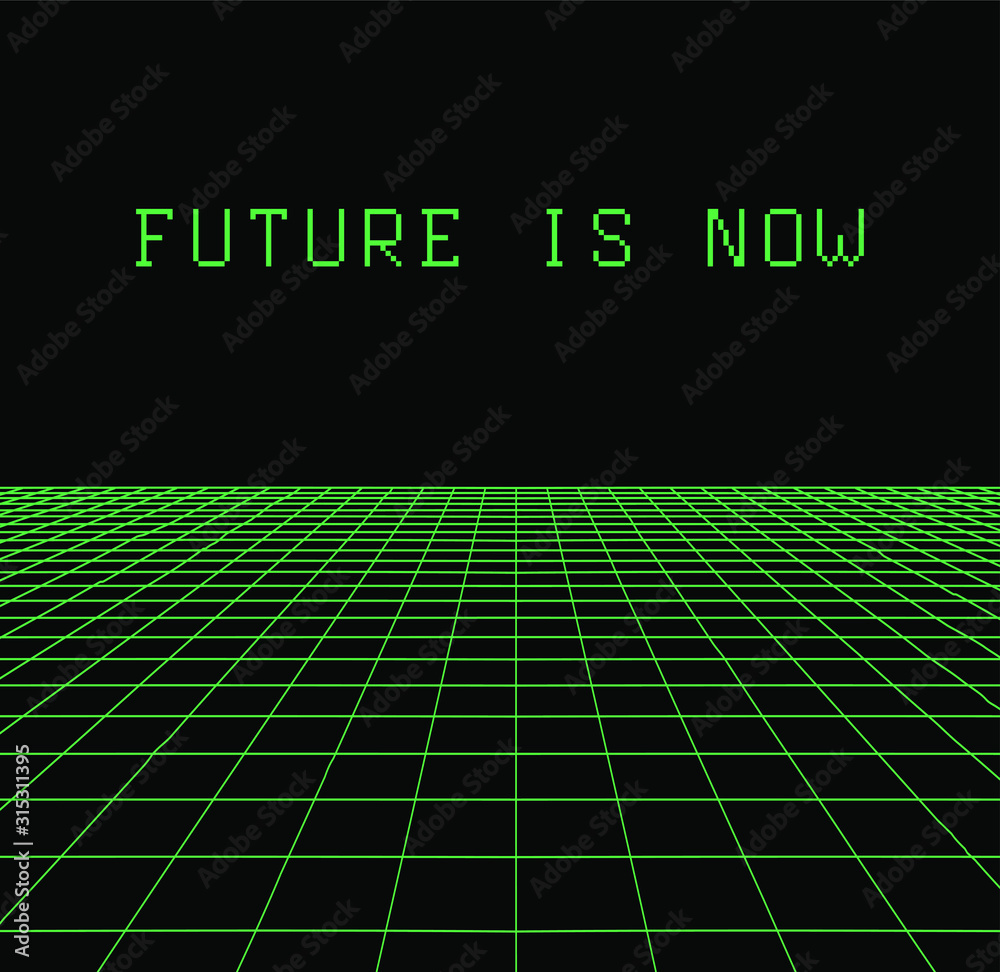 Poster room or space in virtual reality with 3d perspective laser grid. retrofuturistic vaporwave and retro