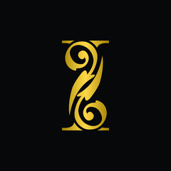 Gold letter I. Vintage golden flower ornament initial letters.  Alphabet. Logo vector 