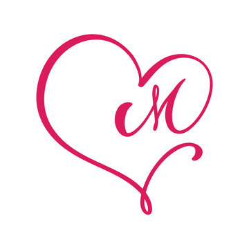 Vector Vintage floral monogram letter M. Calligraphy element logo Valentine flourish frame. Hand drawn heart sign for page decoration and design illustration. Love wedding card or invitation