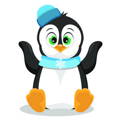 Cute happy penguin in blue hat, scarf and snowflake; vector illustration isolated on white.