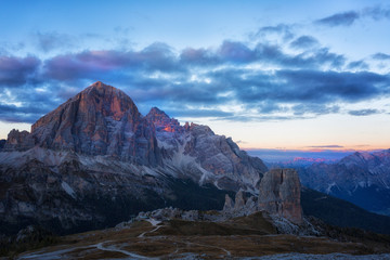 Mountain Cinque Torri (The Five Pillars) in sunset , Dolomites, Italy