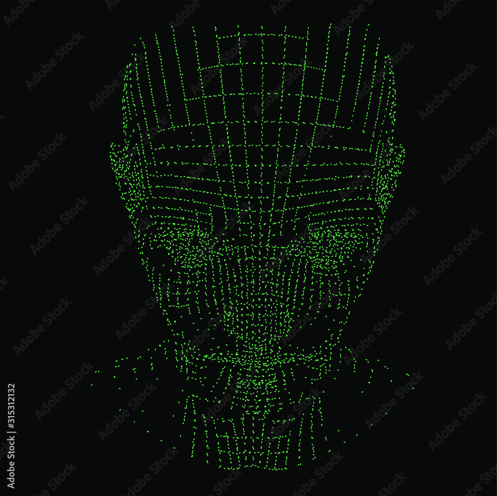 Poster 3D model of human head made of particles and dots. Cyberpunk retrofuturistic style illustration for Artificial Intelligence and Virtual Reality subject.