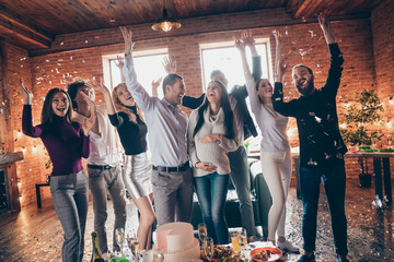 Photo of group amazing friends throwing confetti surprise baby born party meeting future parents...