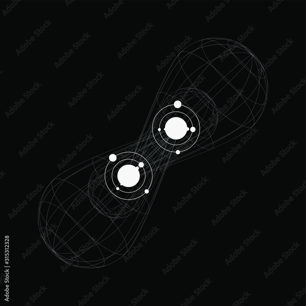 Poster conceptual illustration of quantum entanglement. two partticles share coherence in quantum state: po