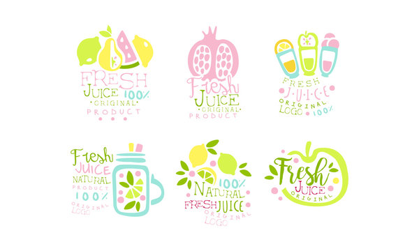Juice Original Product Logo Collection, Natural Fresh Drink Colorful Hand Drawn Labels Vector Illustration