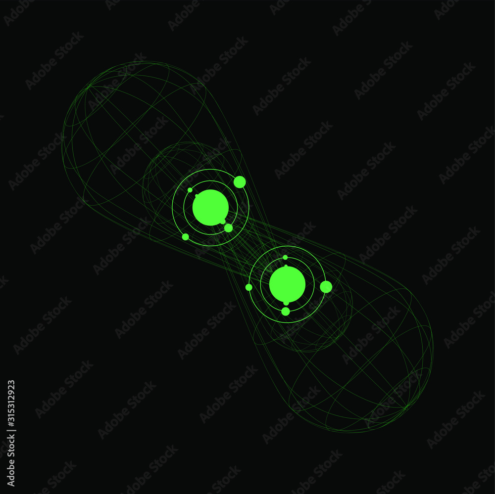 Poster conceptual illustration of quantum entanglement. two partticles share coherence in quantum state: po