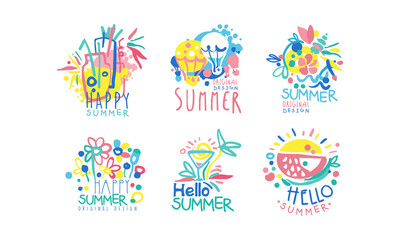 Fototapeta na wymiar Happy Summer Original Design Labels Collection, Colorful Hand Drawn Graphic Templates Vector Illustration