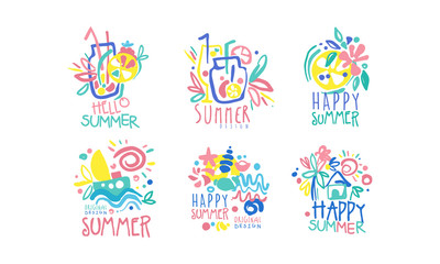 Hello Happy Summer Original Design Labels Collection, Colorful Hand Drawn Templates Vector Illustration