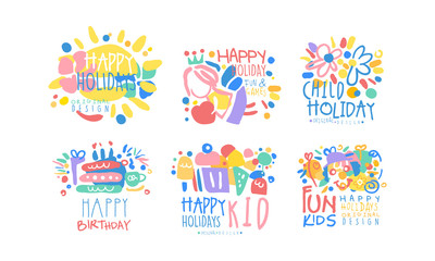 Fototapeta na wymiar Happy Child Holday Fun and Game Labels Design Collection, Colorful Hand Drawn Templates Vector Illustration
