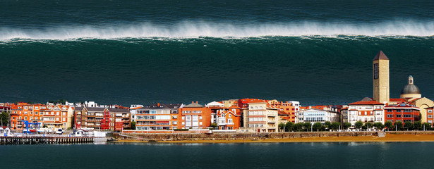 tsunami with a big wave crashing a town in the coast - obrazy, fototapety, plakaty