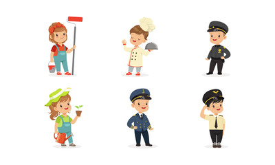 Cute Kids of Various Professions Set, Painter, Cook, Policeman, Gardener, Pilot, Captain Vector Illustration