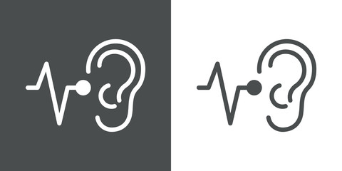 Icono plano lineal oreja con linea de sonido en fondo gris y fondo blanco © teracreonte