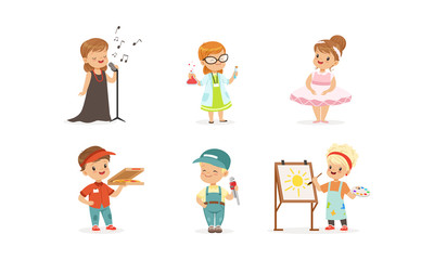 Cute Kids of Various Professions Set, Singer, Scientist, Ballerina, Pizza Courier, Plumber, Artist Vector Illustration