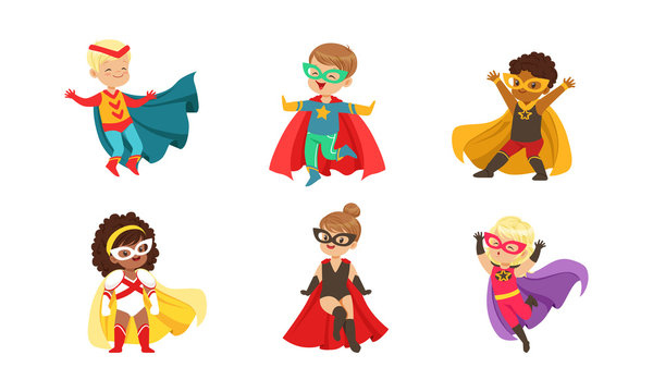 Kid Superheroes Collection, Cute Happy Boys and Girls Wearing Superhero Costumes and Masks Vector Illustration