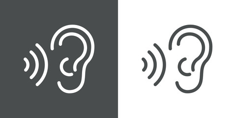 Icono plano lineal oreja con ondas de sonido en fondo gris y fondo blanco © teracreonte
